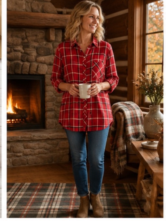 J. Jill Tops - J. Jill Large Red Plaid 100% Cotton Button Front Tunic Shirt Long Sleeve Flannel